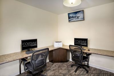 computer room at Colesville Towers in Silver Spring with two computer stations